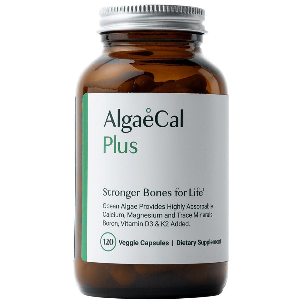 ALGAECAL Organic Red Algae Calcium Supplement for Bone Density, Vitamin K2 MK7 (100mg), Vitamin D3 (1600 IU), Magnesium (350mg) & Trace Minerals & Strength, Easy to Swallow, 120 Veggie Caps
