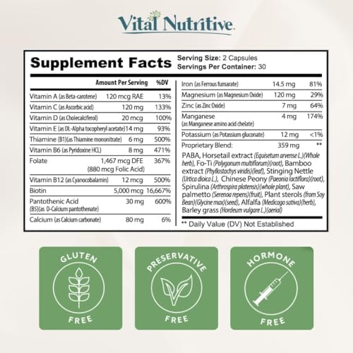 VITAL NUTRITIVE Vital Hair Complex – Biotin & Vitamin B Hair Vitamins for Women & Men – Supports Healthy Hair, Skin & Nails – Hormone-Free, Gluten-Free – Hair Supplement for Women & Men