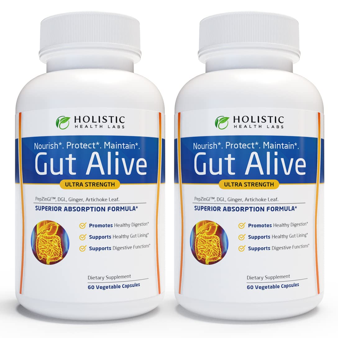 Gut Alive - All Natural Support to Fight IBS, Heartburn, Acid Indigestion, Acid Reflux, Bloating & Gas. Unique Formulation (60 Count (Pack of 2))