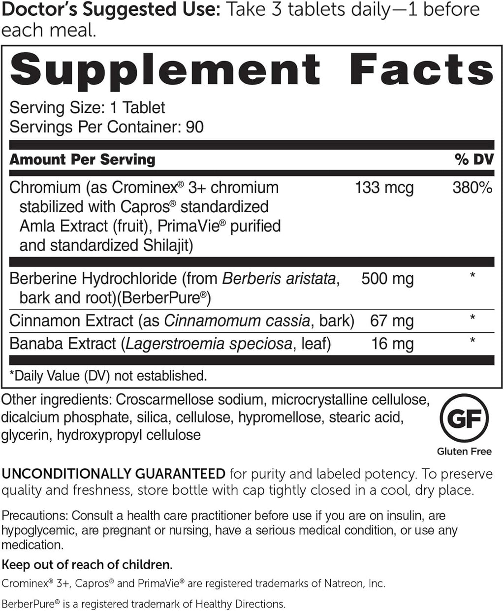 Dr. Whitaker’s Berberine GlucoGold Supplement with 1500 mg per Day of BerberPure Berberine, Concentrated Cinnamon, Crominex Chromium and Banaba Leaf Extract (90 Tablets)