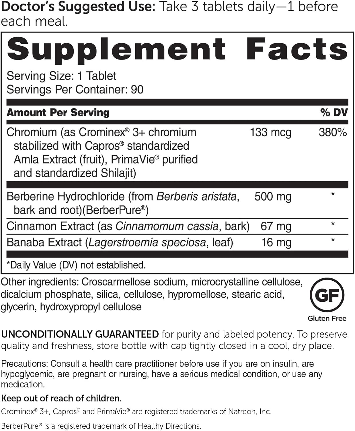 Dr. Whitaker’s Berberine GlucoGold Supplement with 1500 mg per Day of BerberPure Berberine, Concentrated Cinnamon, Crominex Chromium and Banaba Leaf Extract (90 Tablets)