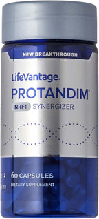 LifeVantage Protandim NRF1 Synergizer supplement bottle with blue and silver design.