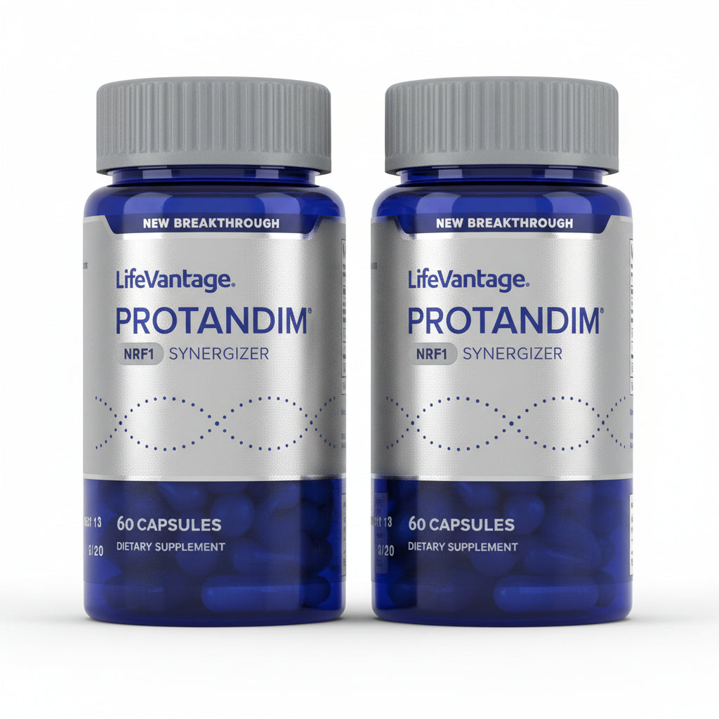 LifeVantage Protandim NRF1 Synergizer supplement bottle with blue and silver design.