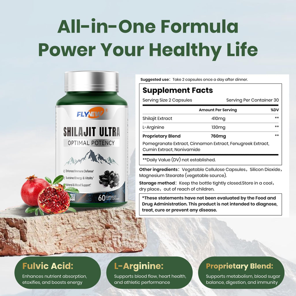Shilajit For Men Women, Shilajit With Naturally Fulvic Acid & L-Arginine, Himalayan Shilajits For Extra Power, Stamina & Immune Support, Non-GMO, Made In USA, 60 Capsules, 1,300mg Per Serving