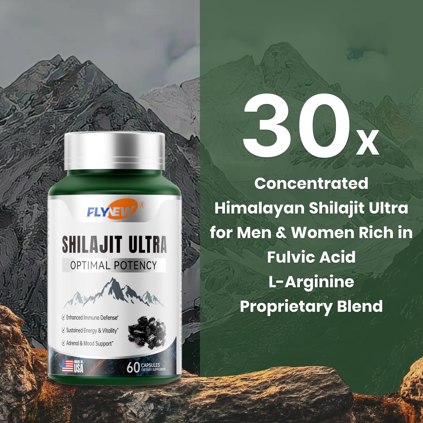 Shilajit For Men Women, Shilajit With Naturally Fulvic Acid & L-Arginine, Himalayan Shilajits For Extra Power, Stamina & Immune Support, Non-GMO, Made In USA, 60 Capsules, 1,300mg Per Serving
