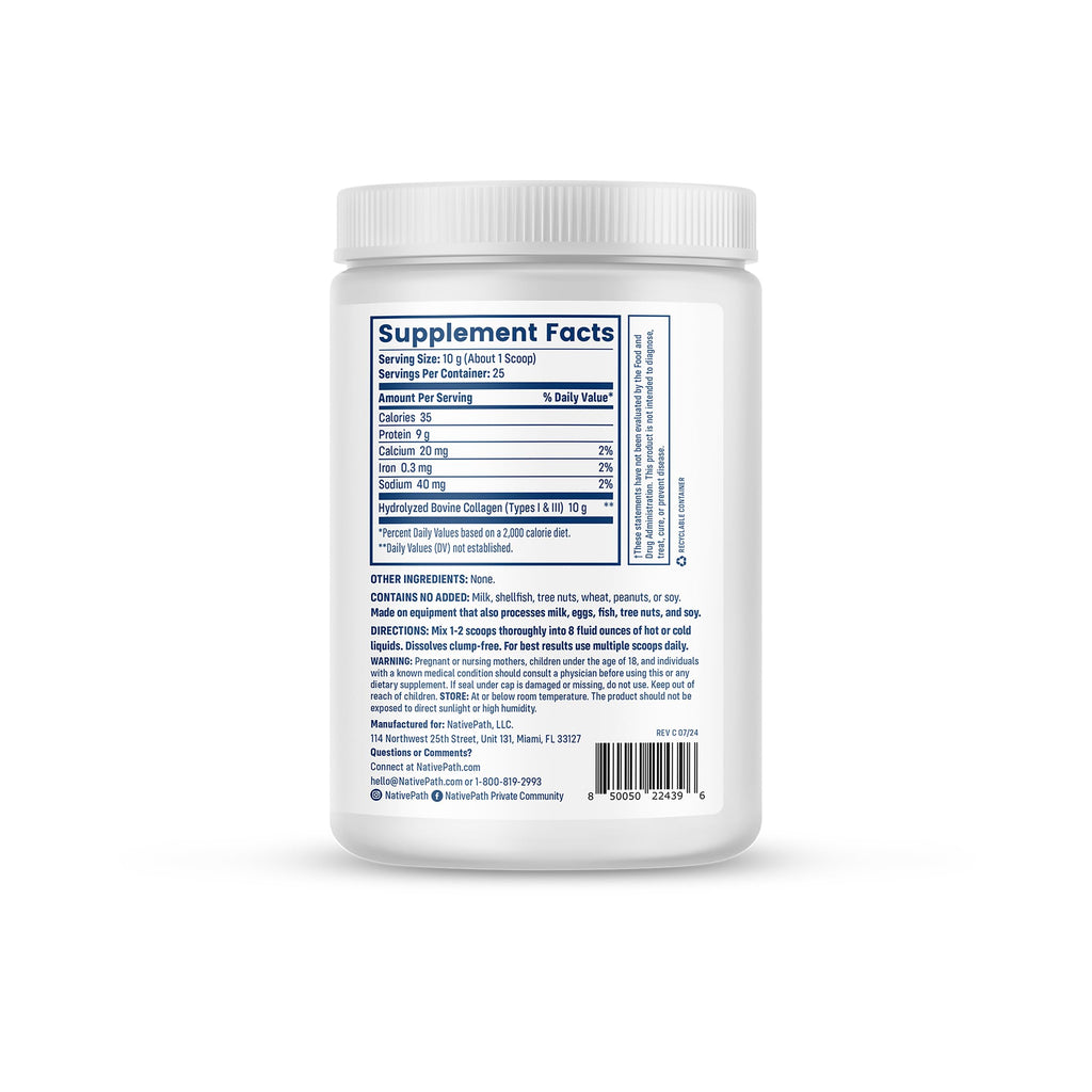 NativePath Collagen Peptides - Hydrolyzed Type 1 & 3 Collagen Powder for Skin, Hair, Nails - 8.8 oz (25 Servings)