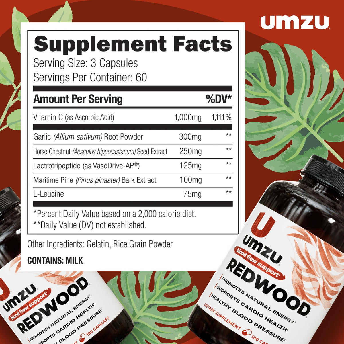 UMZU Redwood Max Nitric Oxide Booster, Blood Flow & Circulation Support for Men & Women, Energy, Stamina & Recovery – Heart & Varicose Vein Supplement – 2 Capsules Daily – 60 Count