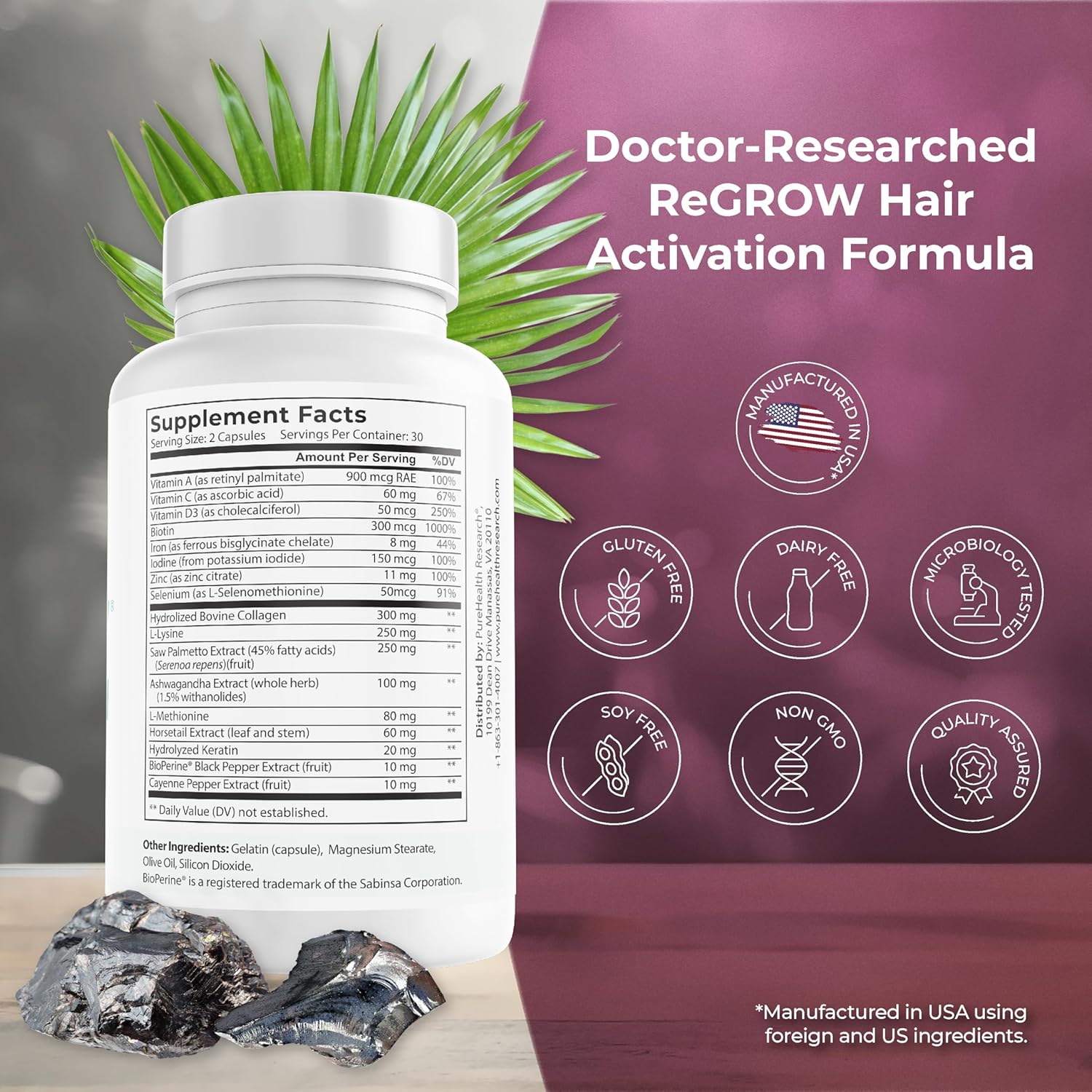 PUREHEALTH RESEARCH ReGrow – Hair Growth Vitamins for Scalp Health & Thickness Support (60 Capsules)