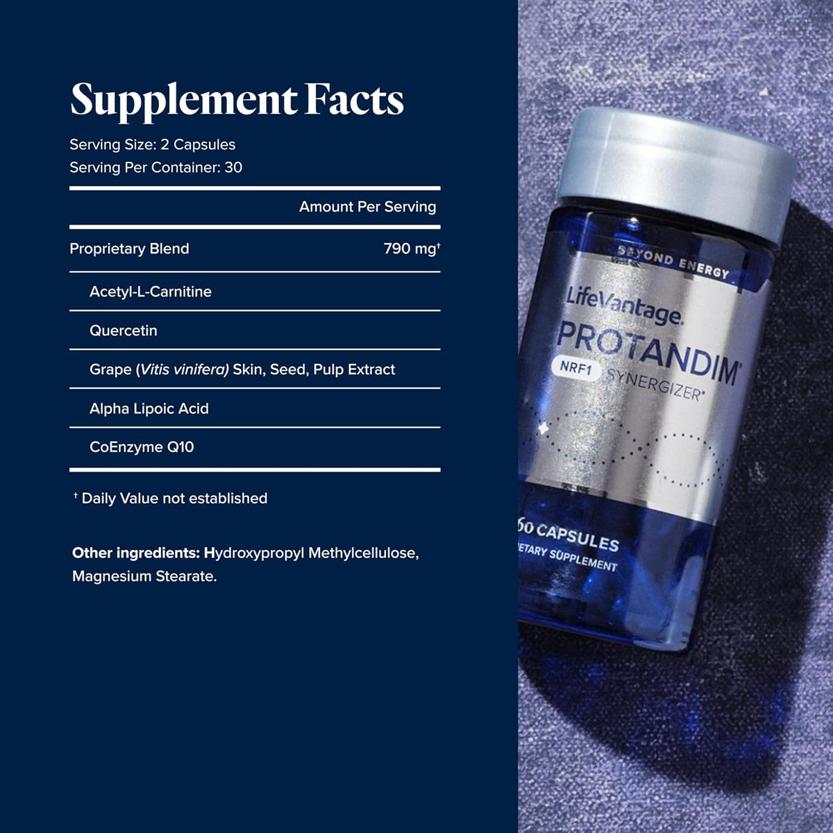 LifeVantage Protandim supplement bottle with supplement facts on a blue background