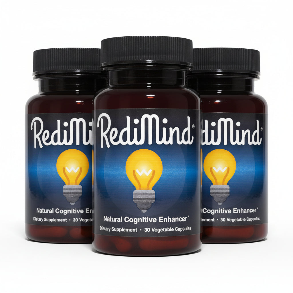 A bottle of RediMind Natural Cognitive Enhancer dietary supplement, containing 30 vegetable capsules. The product features a dark amber bottle, a black ribbed cap, and a label with a blue gradient background, a glowing yellow lightbulb graphic, and white text.